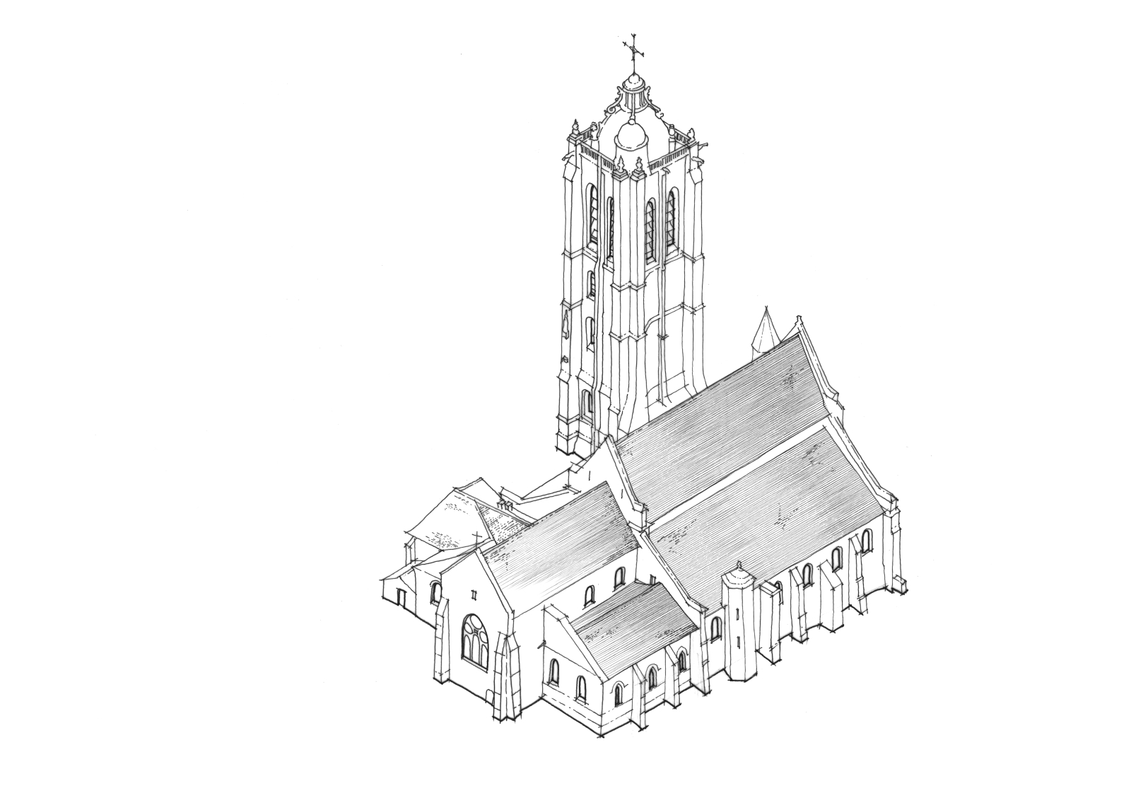 Beaumont-sur-Oise église, axonométrie existant (Val-d'Oise)