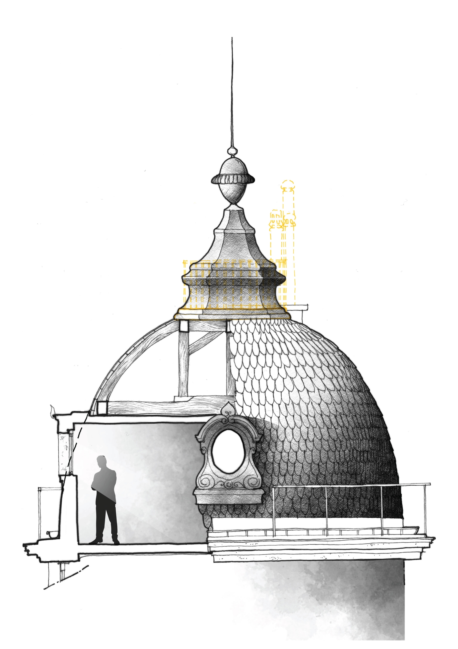 Banque de France, place de la Bastille, croquis de restitution des dômes (Paris)