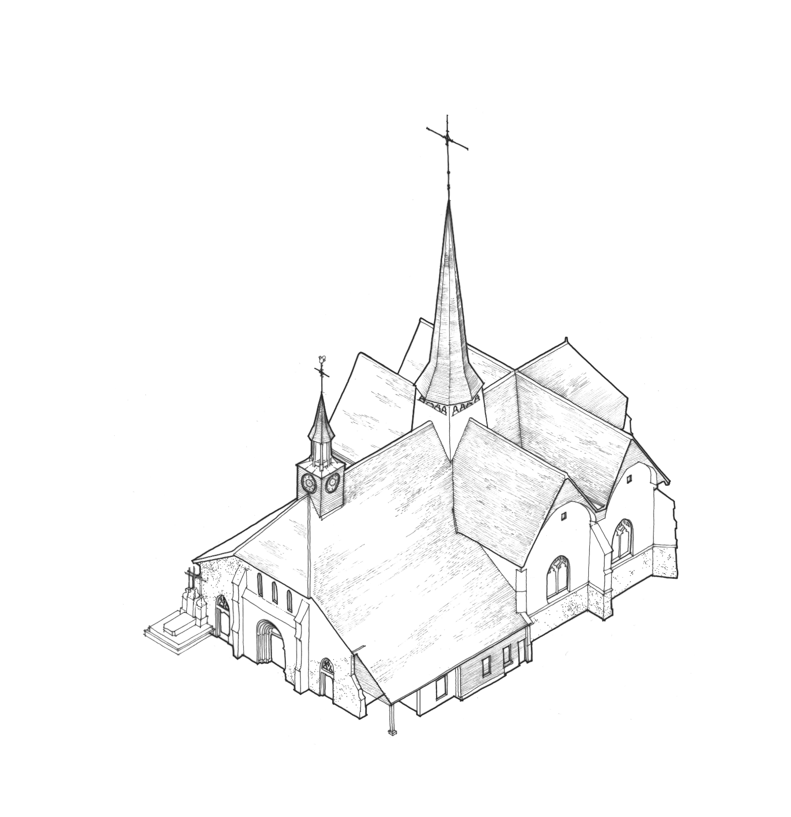 Puellemontier, église, axonométrie de l'existant (Haute-Marne)