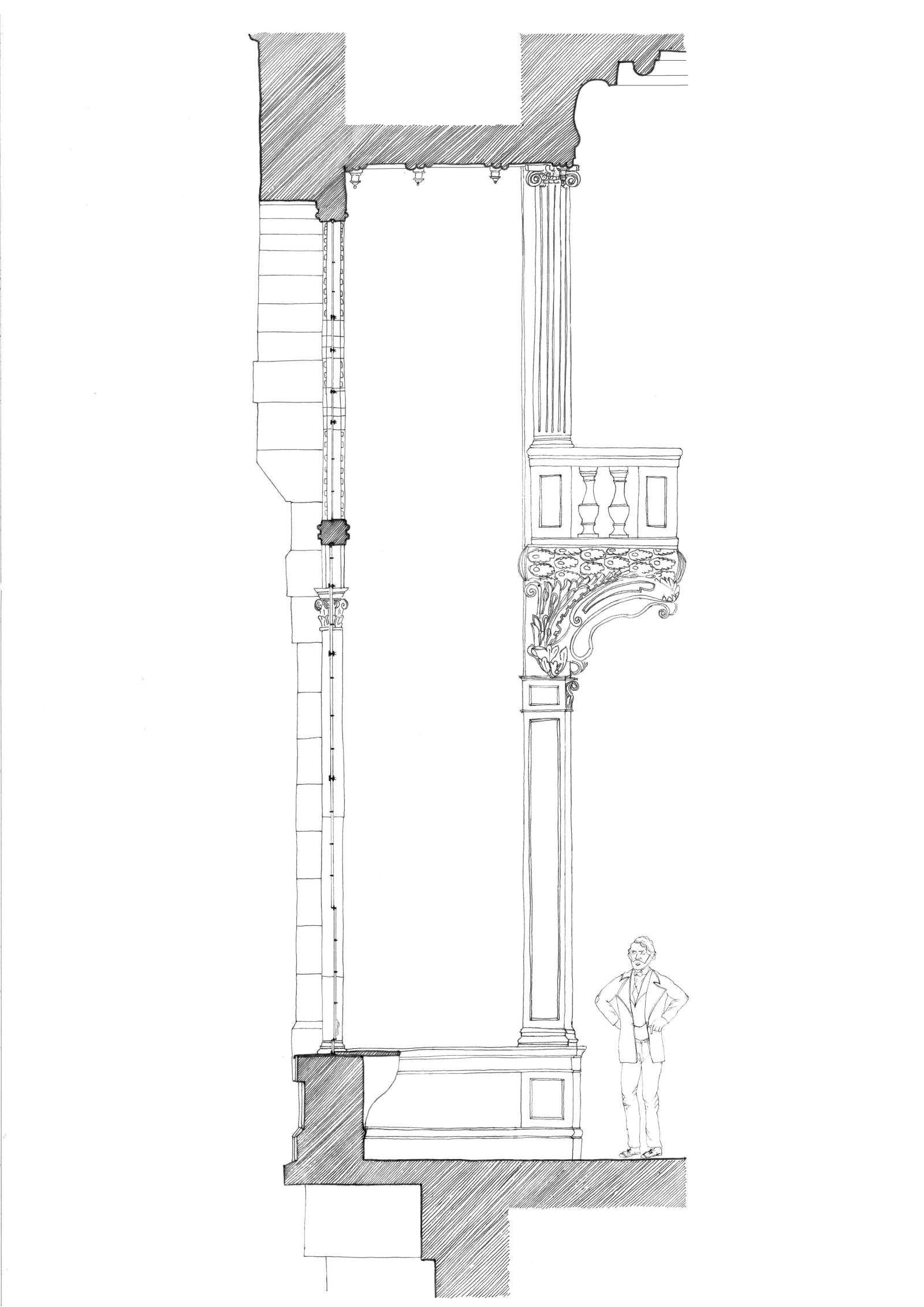 Us, Château de Dampont, verrière des Atlantes, coupe (Val-d'Oise)