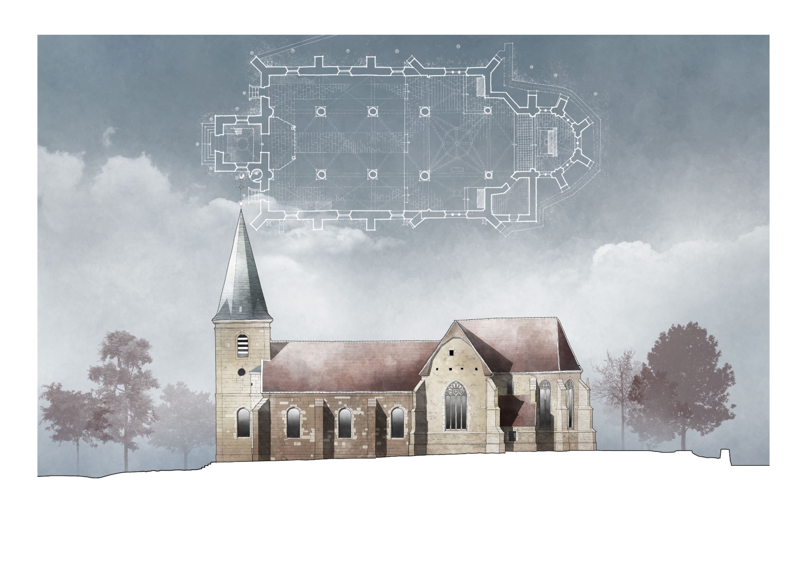 Louze, église, état existant aquarellé (Haute-Marne)